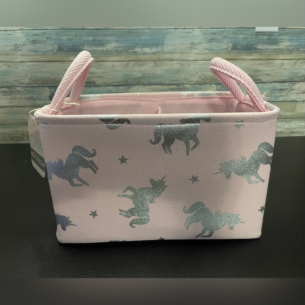Taylor Madison Designs Kids Storage Bin with pink and silver unicorn print.